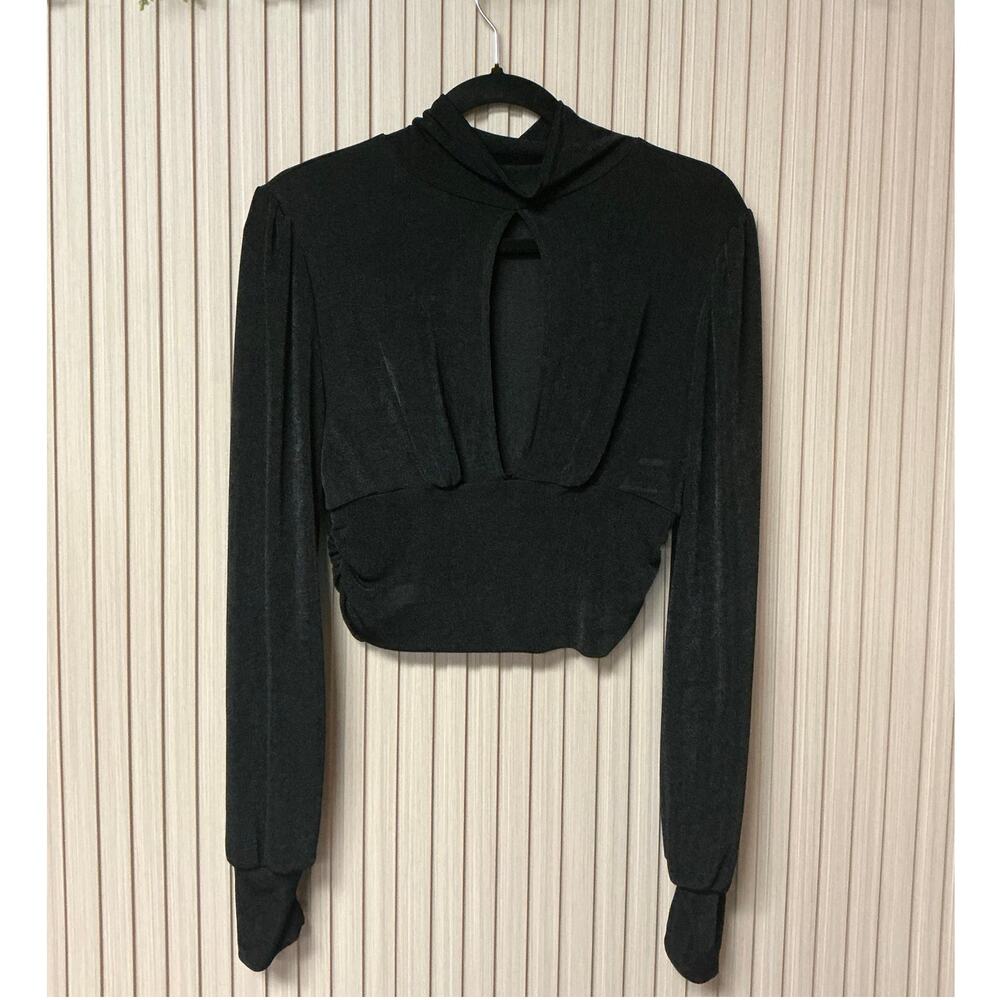 Effordram Black Long Sleeve Cutout Mock Neck Crop Top Women’s Size XL